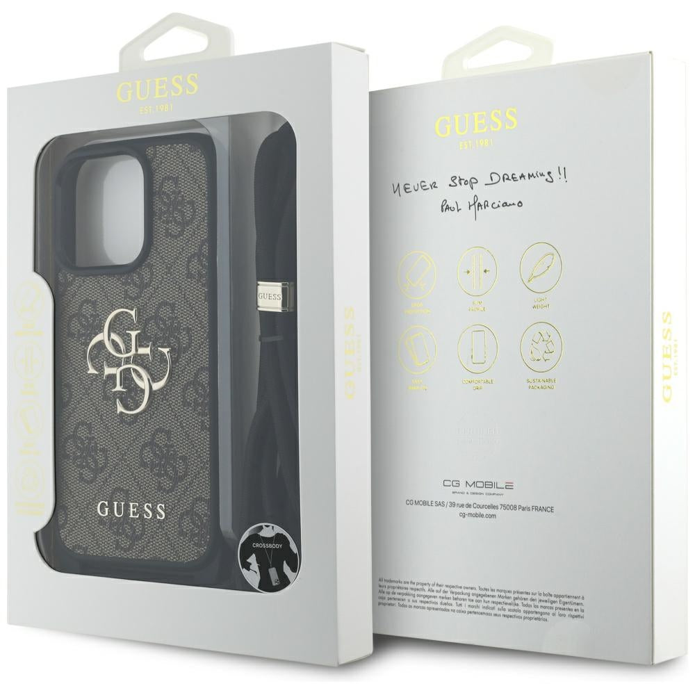Husa pentru iPhone 16 Pro - Guess Hardcase 4G Big Logo with Cord Strap (GUHCP16LP4GMGCRW) - Brown