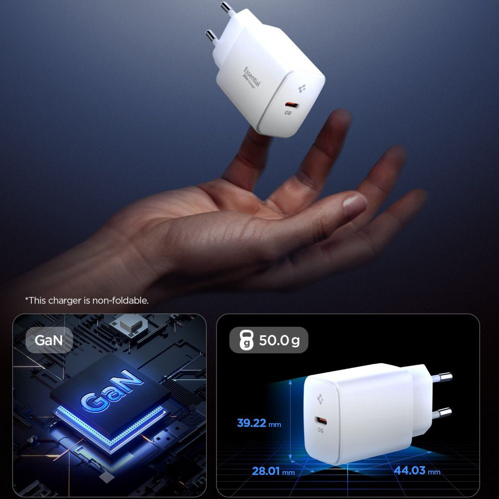 Spigen - Wall Charger Essential EE201EU (ACH08701) - Type-C, GaN, Fast Charging, PD20W, Quantum Boost - White