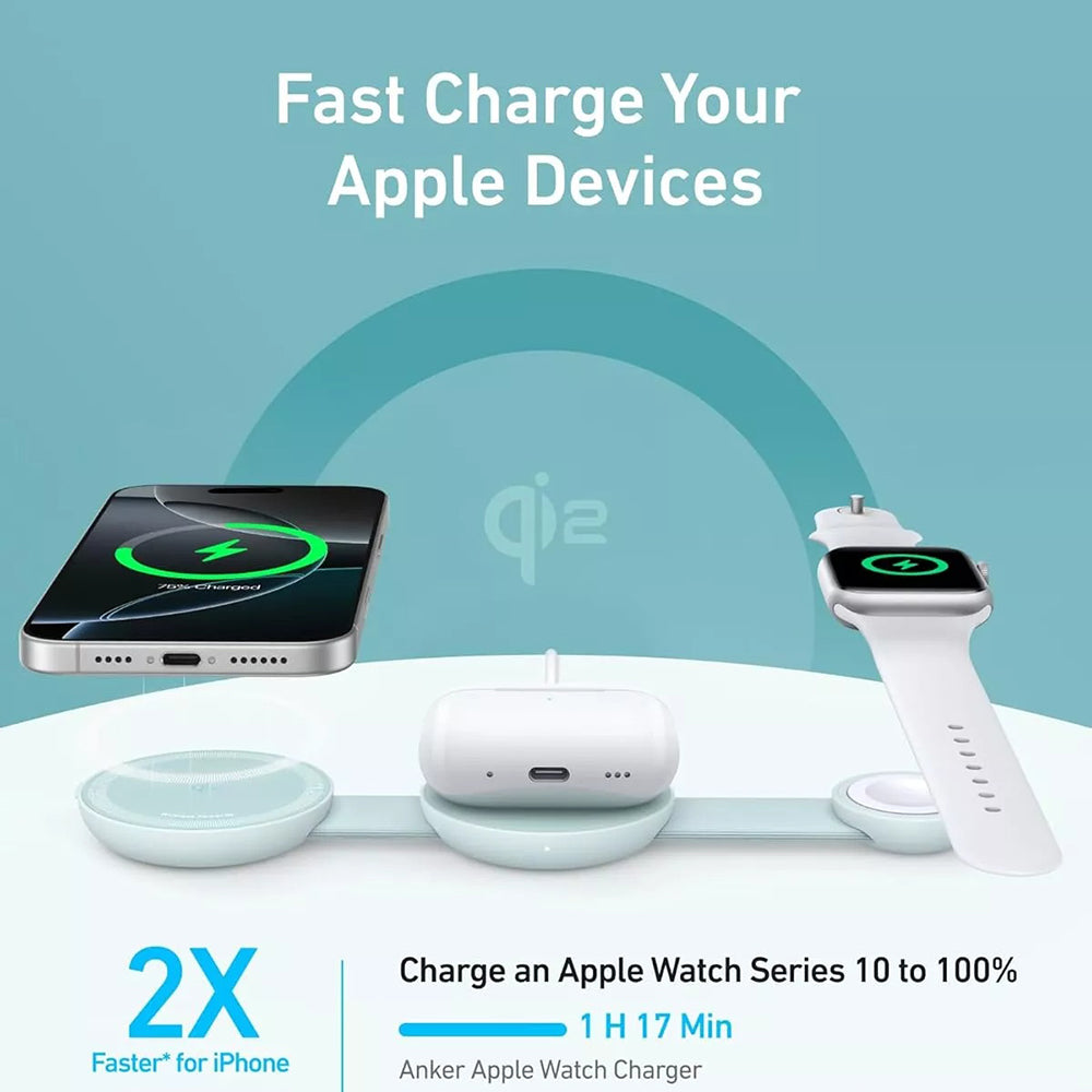 Anker - Wireless Charger MagGo 3-in-1 (B25M8H61) - for iPhone 15/16, AirPods, Apple Watch, MagSafe Qi2, Foldable, 15W - 
