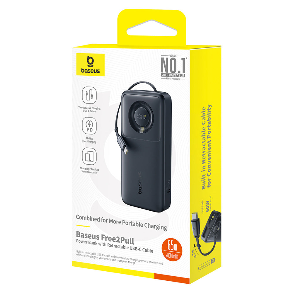 Baseus - Power Bank Free2Pull (P10073700123-00) - with Retractable USB-C Cable, Type-C, Display, 20000mAh, 65W, 0.7m - B