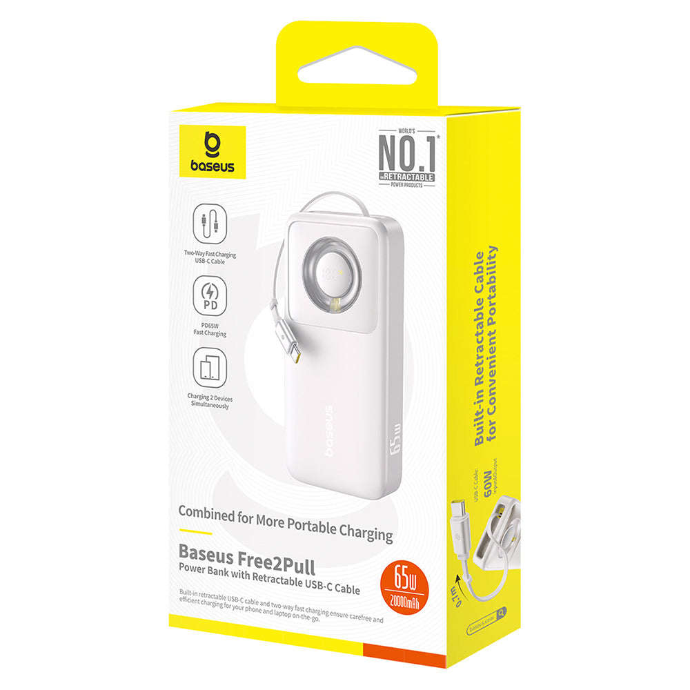 Baseus - Power Bank Free2Pull (P10073700843-00) - with Retractable USB-C Cable, Type-C, Display, 20000mAh, 65W, 0.7m - G