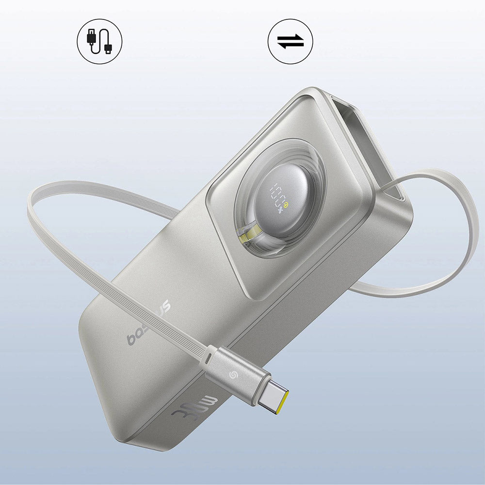 Baseus - Power Bank Free2Pull (P10073701843-00) - with Retractable USB-C Cable, Type-C, Display, 10000mAh, 30W, 0.7m - G