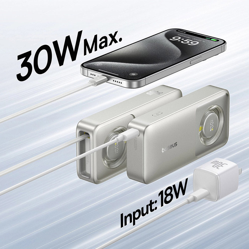 Baseus - Power Bank Free2Pull (P10073701843-00) - with Retractable USB-C Cable, Type-C, Display, 10000mAh, 30W, 0.7m - G