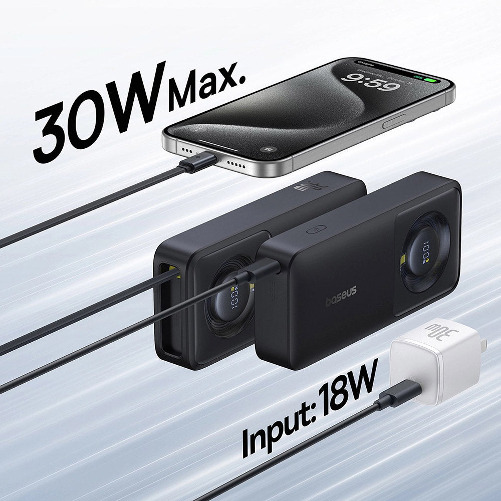 Baseus - Power Bank Free2Pull (P10073701123-00) - with Retractable USB-C Cable, Type-C, Display, 10000mAh, 30W, 0.7m - B
