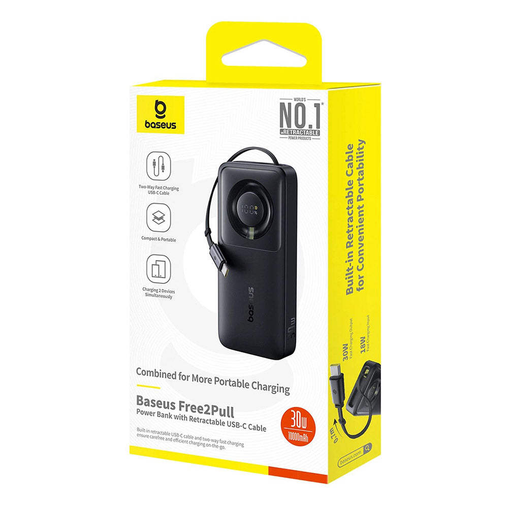 Baseus - Power Bank Free2Pull (P10073701123-00) - with Retractable USB-C Cable, Type-C, Display, 10000mAh, 30W, 0.7m - B