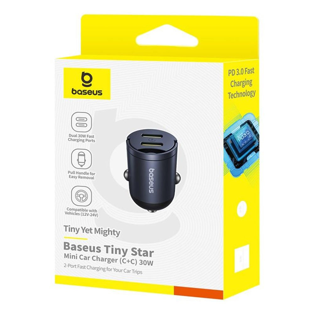 Baseus - Car Charger Tiny Star Mini (C00035001121-03) - 2x Type-C, 30W, with Built-in Pull Handle, 12V to 24V - Black