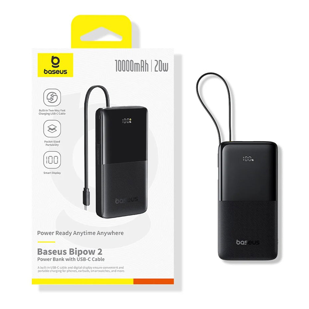Baseus - Power Bank Bipow 2 (P10077101113-00) - with Built-in USB-C Cable, Type-C, USB, Smart Display, 10000mAh, 20W - B