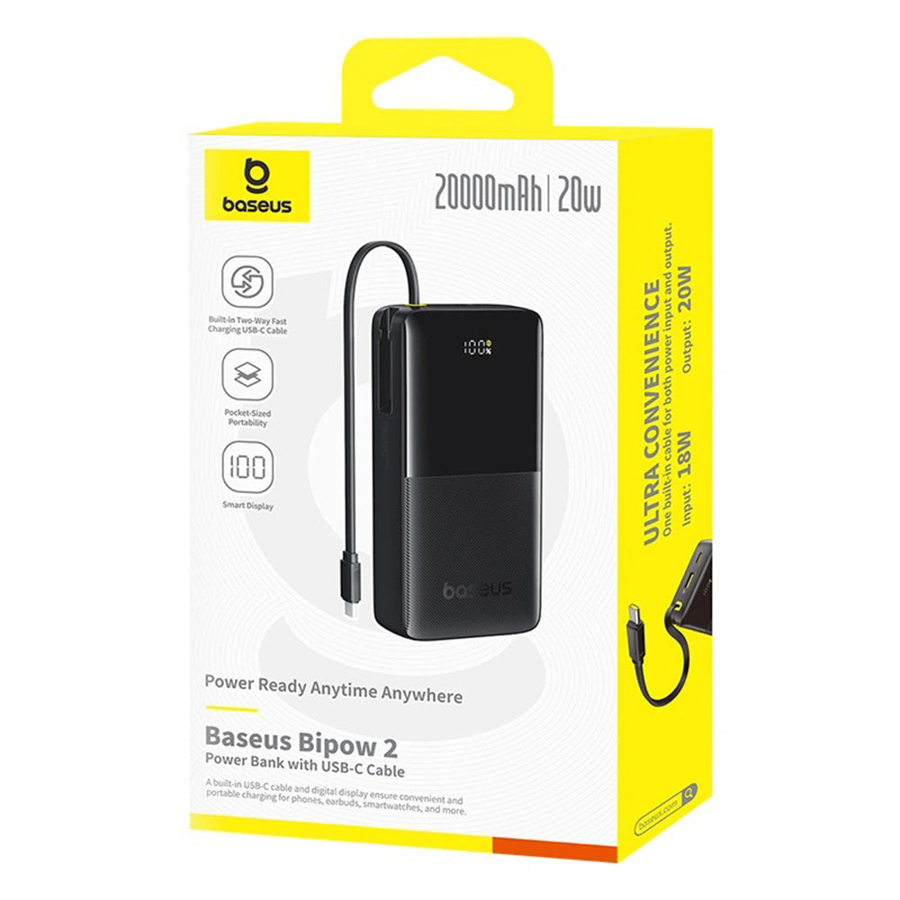 Baseus - Power Bank Bipow 2 (P10077101113-01) - with Built-in USB-C Cable, Type-C, USB, Smart Display, 20000mAh, 20W - B