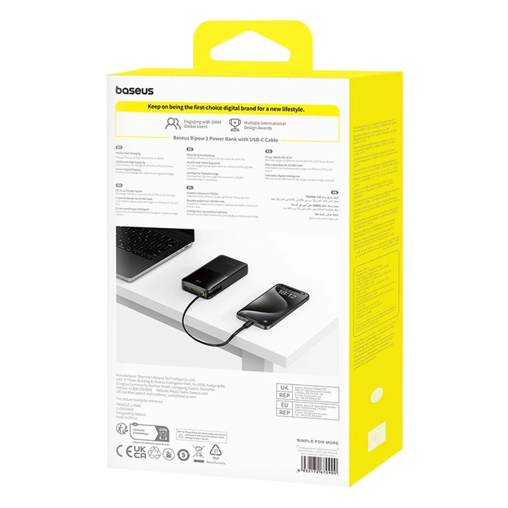 Baseus - Power Bank Bipow 2 (P10077101113-01) - with Built-in USB-C Cable, Type-C, USB, Smart Display, 20000mAh, 20W - B