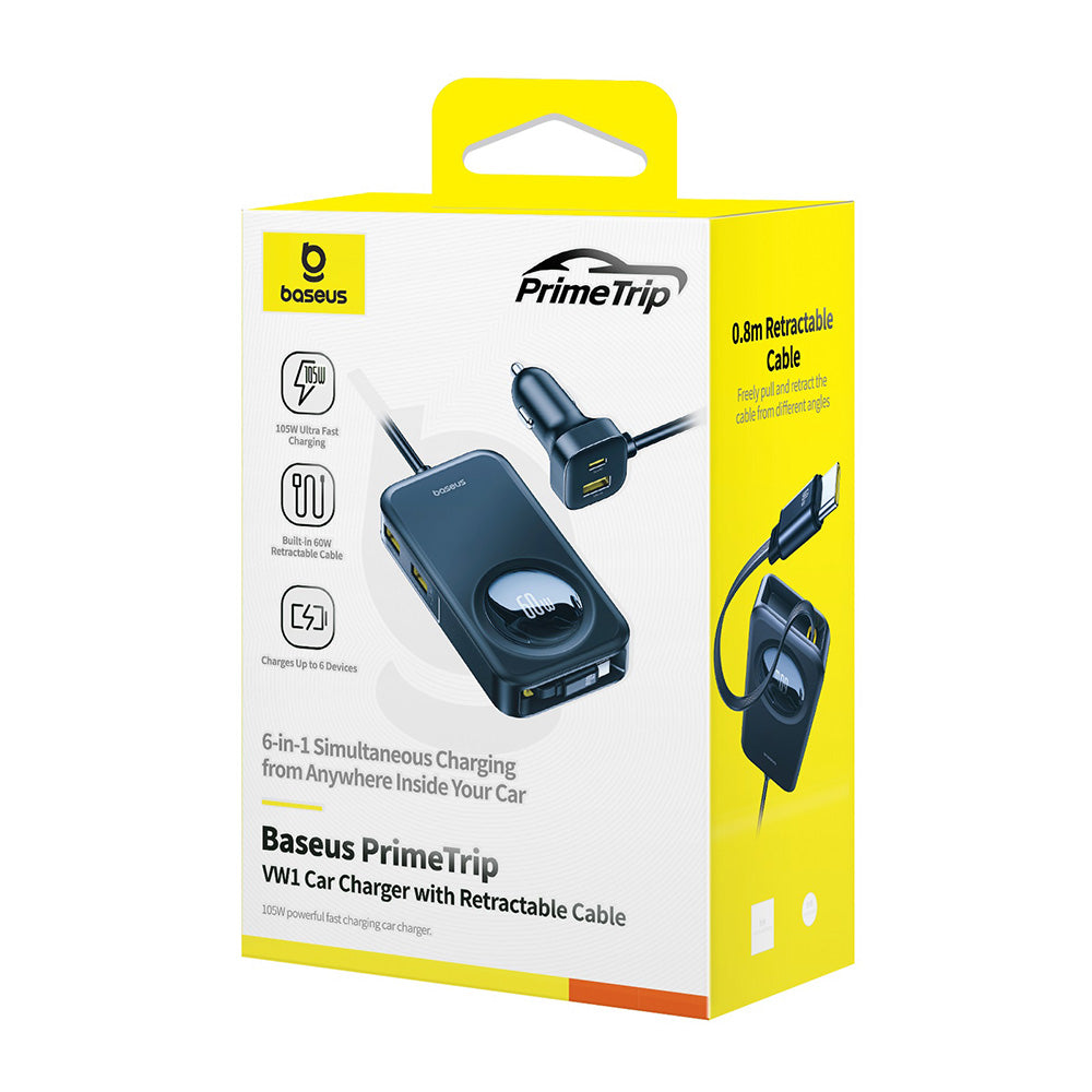 Baseus - Car Charger PrimeTrip VW1 (C00069000121-00) - 3x USB, 3x Type-C, 105W, Fast Charge, 60W Retractable Cable - Bla