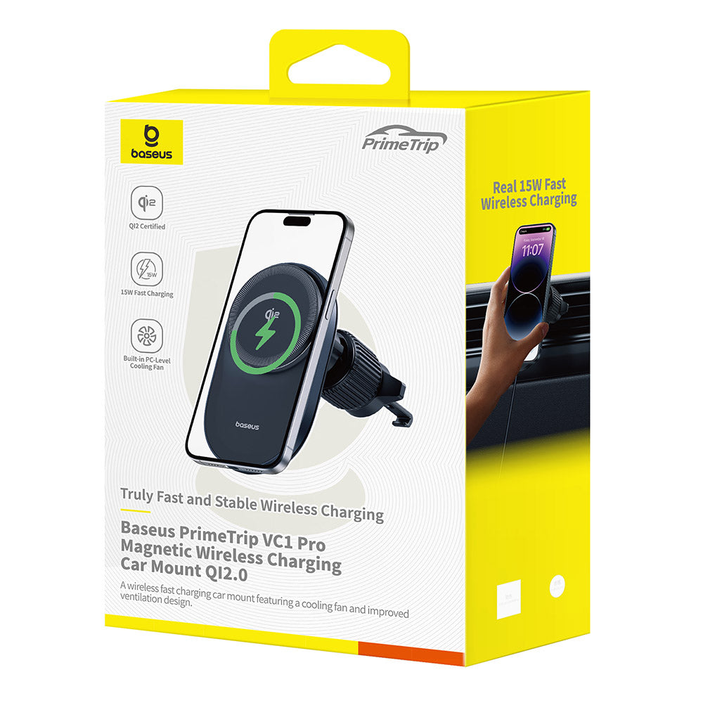 Baseus - Wireless Car Holder PrimeTrip VC1 Pro (C40169009123-00) - for Air Vent, Type-C, 15W, Qi2, with Cooling Fan - Bl