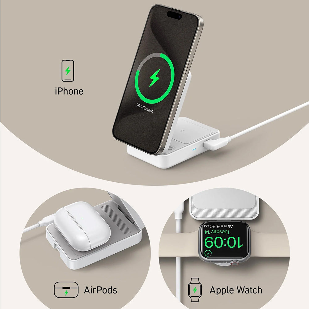 Anker - Charging Station MagGo 3in1 (B2557321) - Qi2, for Apple, 15W, with USB-C Charger and Cable Type-C - White