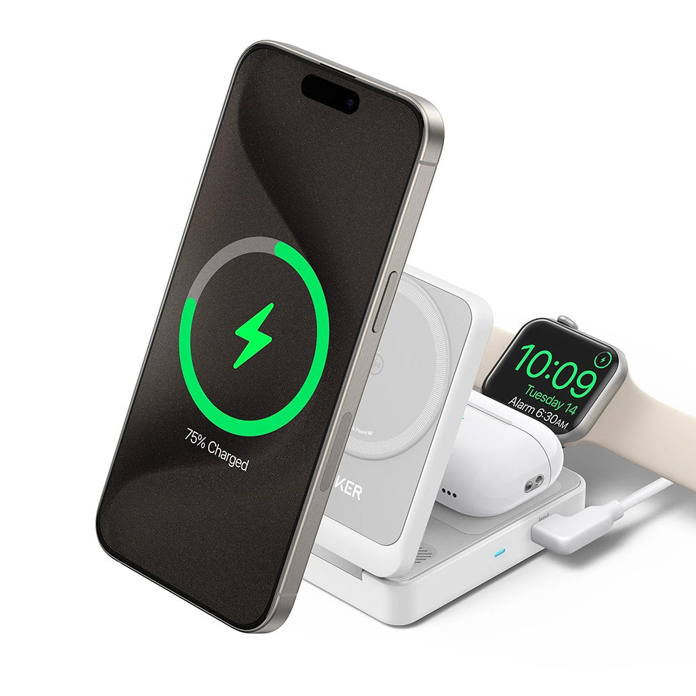Anker - Charging Station MagGo 3in1 (B2557321) - Qi2, for Apple, 15W, with USB-C Charger and Cable Type-C - White