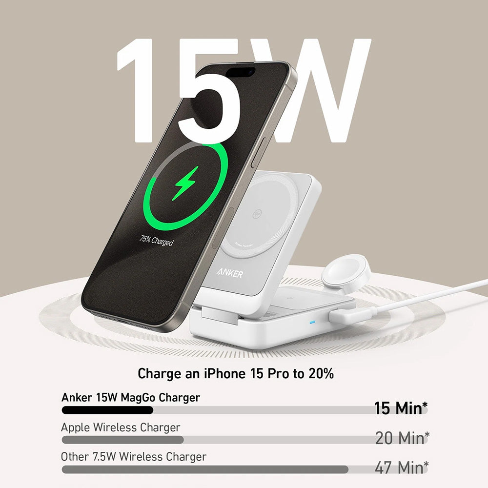 Anker - Charging Station MagGo 3in1 (B2557321) - Qi2, for Apple, 15W, with USB-C Charger and Cable Type-C - White