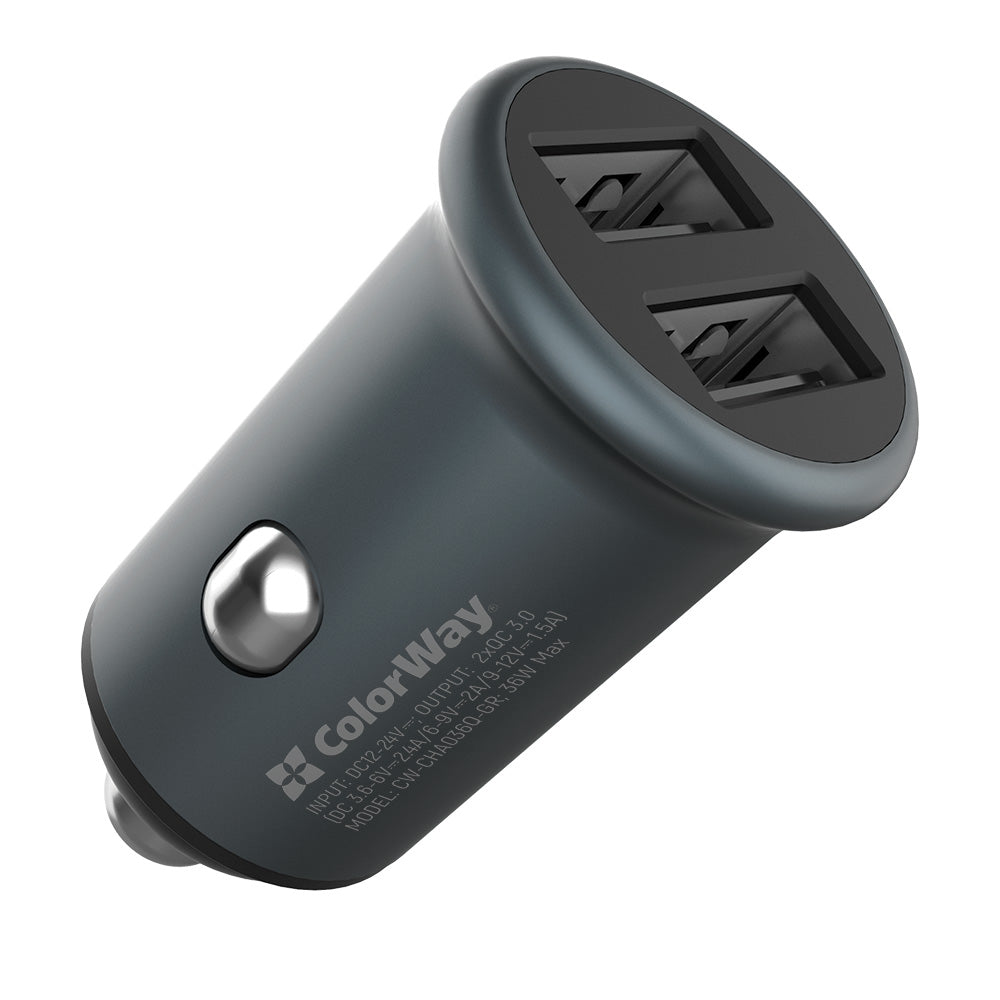 ColorWay - Mini Car Charger (CW-CHA036Q-GR) - 2x USB, Quick Charge 2.0 & 3.0, 36W, 3A, Huawei FCP, Auto ID Chip, 24V - G