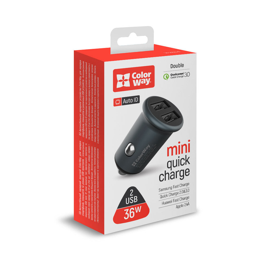 ColorWay - Mini Car Charger (CW-CHA036Q-GR) - 2x USB, Quick Charge 2.0 & 3.0, 36W, 3A, Huawei FCP, Auto ID Chip, 24V - G