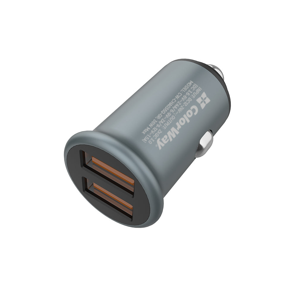 ColorWay - Mini Car Charger (CW-CHA036Q-GR) - 2x USB, Quick Charge 2.0 & 3.0, 36W, 3A, Huawei FCP, Auto ID Chip, 24V - G