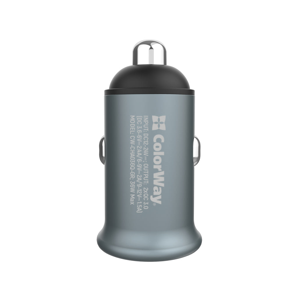ColorWay - Mini Car Charger (CW-CHA036Q-GR) - 2x USB, Quick Charge 2.0 & 3.0, 36W, 3A, Huawei FCP, Auto ID Chip, 24V - G
