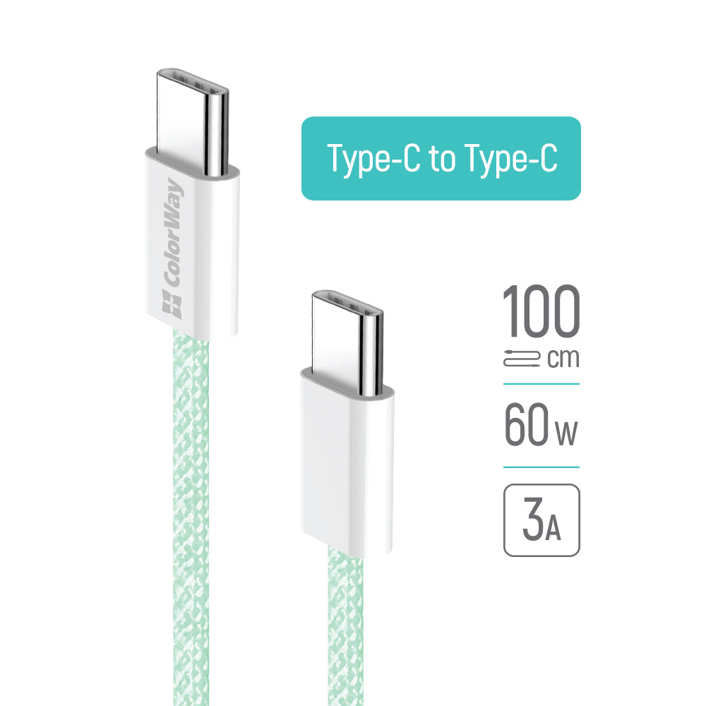 ColorWay - Data Cable (CW-CBPDCC061-G) - for MacBook Pro, Type-C to Type-C, PD Fast Charging 60W, 3A, Nylon, 1m - Green
