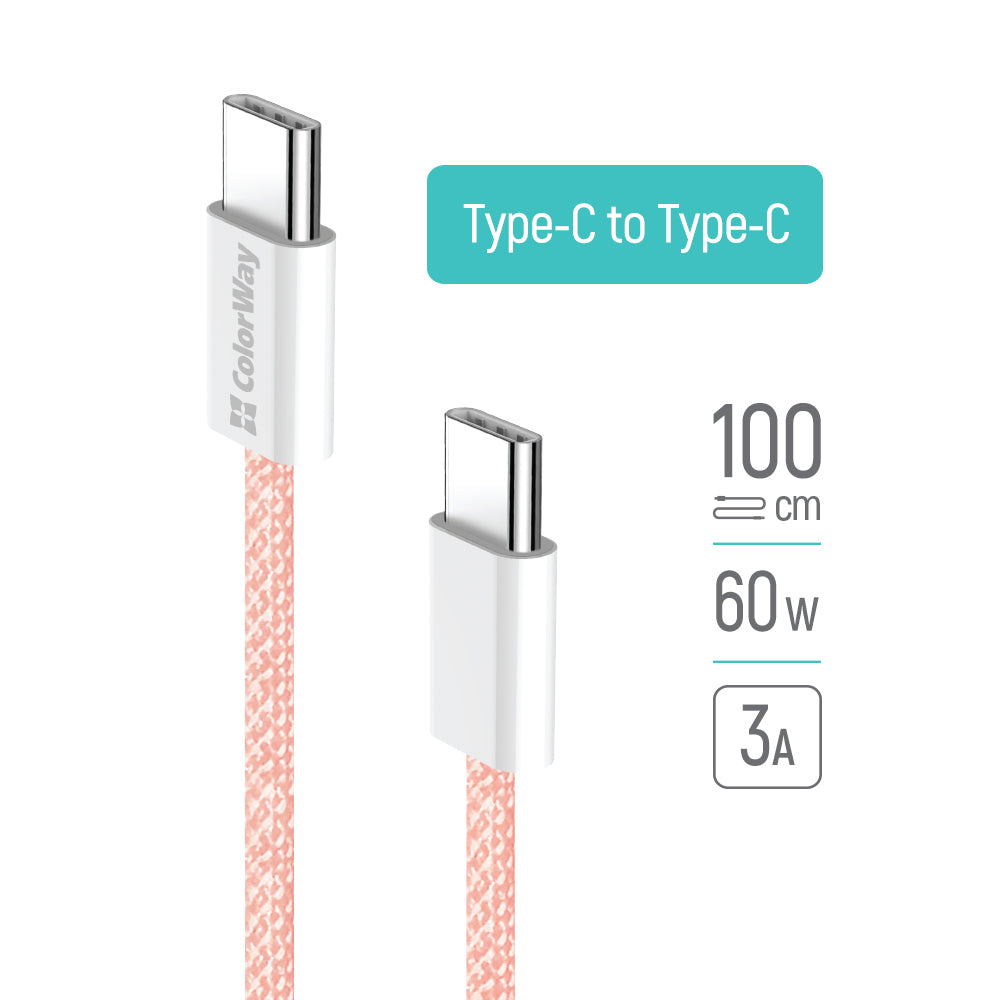 ColorWay - Data Cable (CW-CBPDCC061-P) - for MacBook Pro, Type-C to Type-C, PD Fast Charging 60W, 3A, Nylon, 1m - Pink