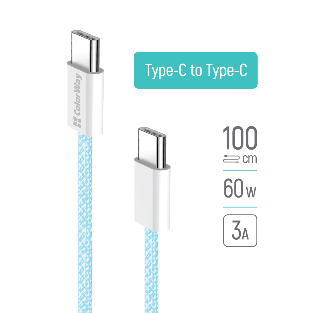 ColorWay - Data Cable (CW-CBPDCC061-BL) - for MacBook Pro, Type-C to Type-C, PD Fast Charging 60W, 3A, Nylon, 1m - Blue