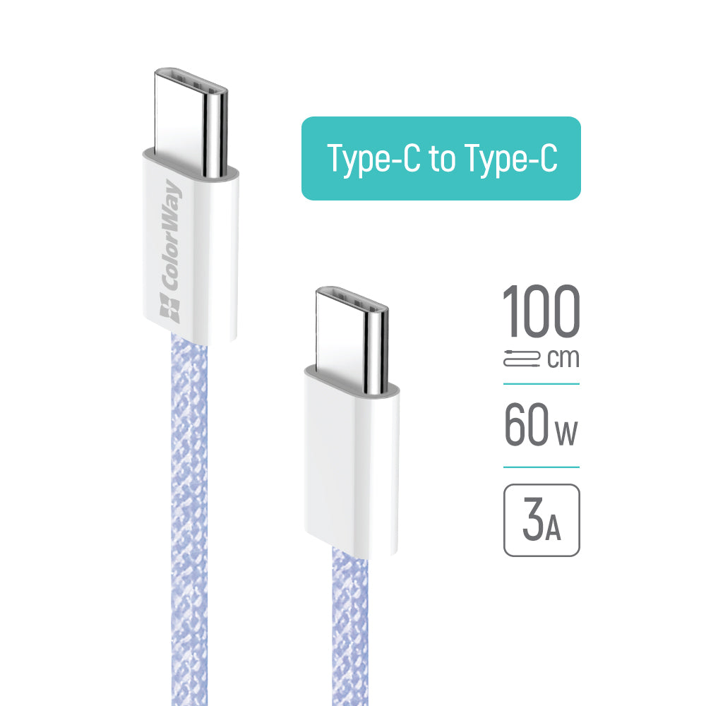ColorWay - Data Cable (CW-CBPDCC061-PU) - for MacBook Pro, Type-C to Type-C, PD Fast Charging 60W, 3A, Nylon, 1m - Purpl