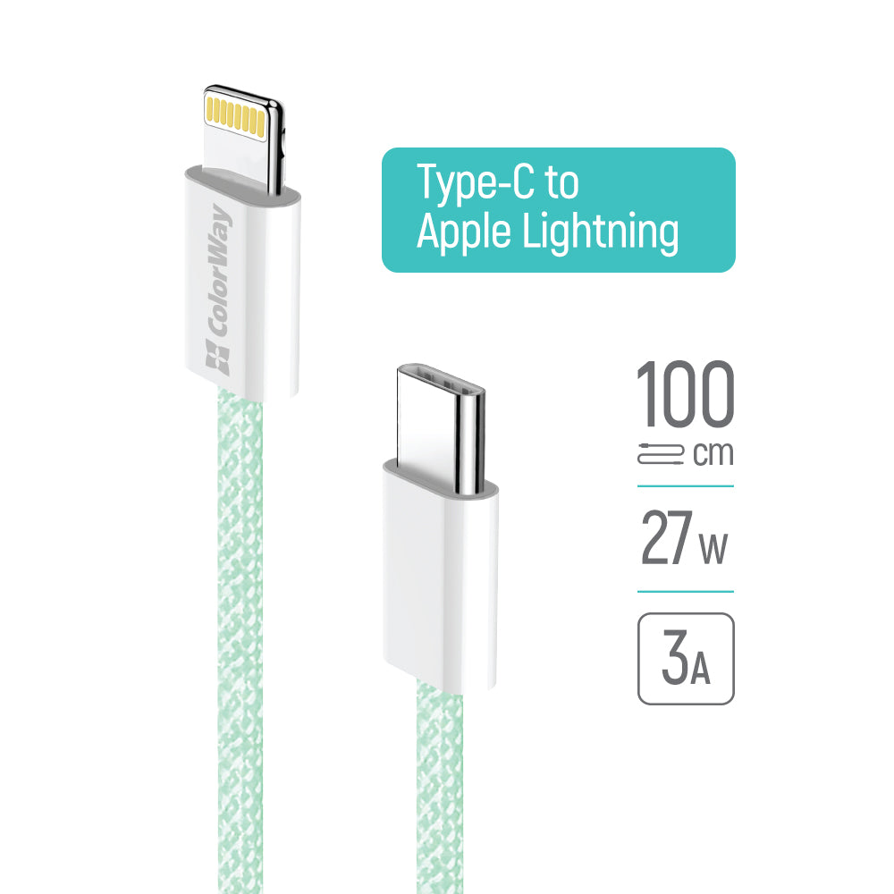 ColorWay - Data Cable (CW-CBPDCL061-G) - Type-C to Apple Lightning, PD 27W, 3A, 480Mbps, Nylon, 1m - Green