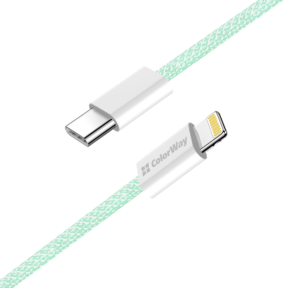 ColorWay - Data Cable (CW-CBPDCL061-G) - Type-C to Apple Lightning, PD 27W, 3A, 480Mbps, Nylon, 1m - Green