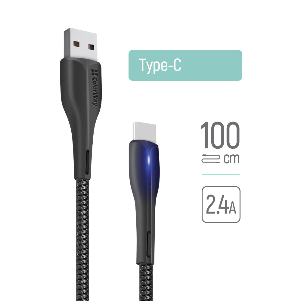 ColorWay - Data Cable (CW-CBUC034-BK) - USB to Type-C, for Syncing & Charging, with LED indicator, 2.4A, 480Mbps, 1m - B
