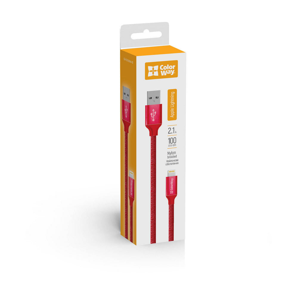 ColorWay - Data Cable (CW-CBUL004-RD) - USB 2.0 to Apple Lightning, for Syncing & Charging, Nylon, 2.1A, 480Mbps, 1m - R