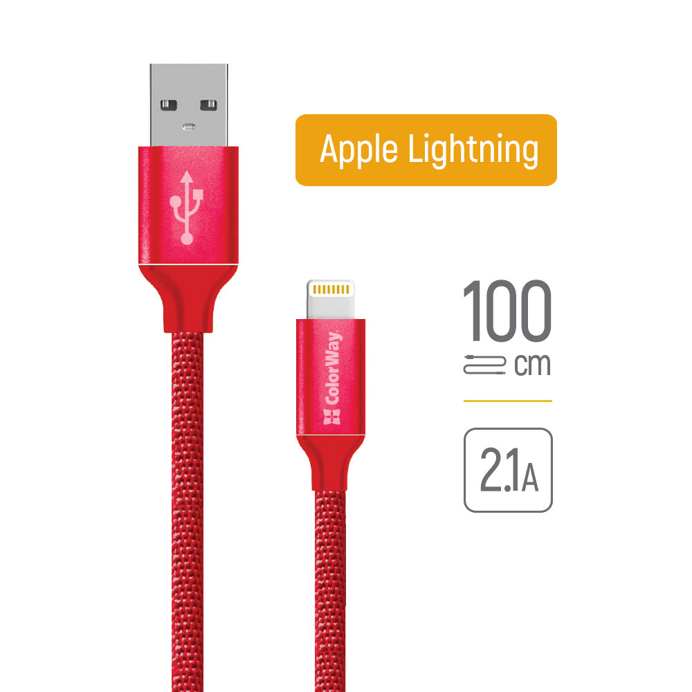 ColorWay - Data Cable (CW-CBUL004-RD) - USB 2.0 to Apple Lightning, for Syncing & Charging, Nylon, 2.1A, 480Mbps, 1m - R