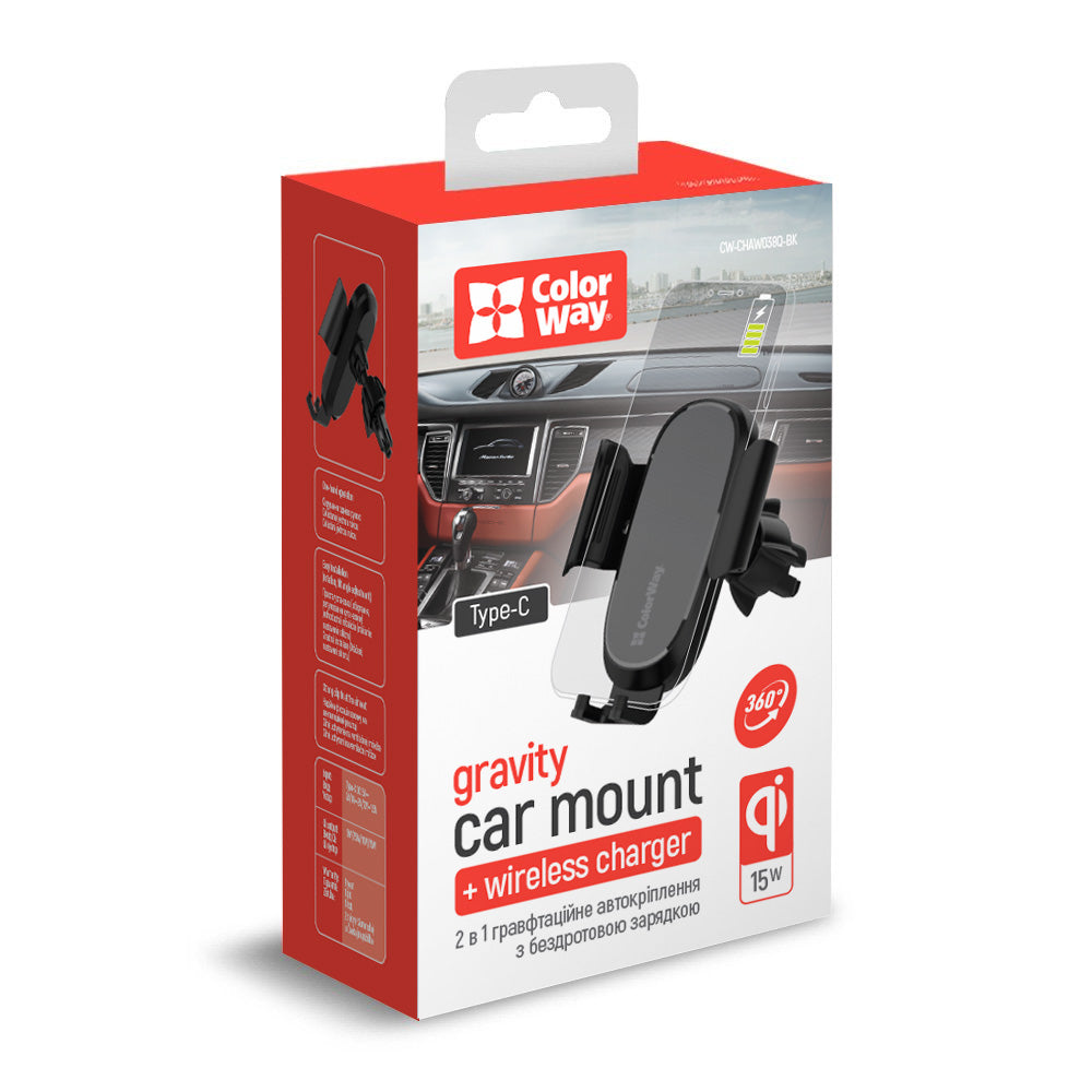 ColorWay - Wireless Gravity Car Holder (CW-CHAW038Q-BK) - for Air Vent, 360°, 15W, Qi, Smart Chip, for 4.7" to 6.8" - Bl