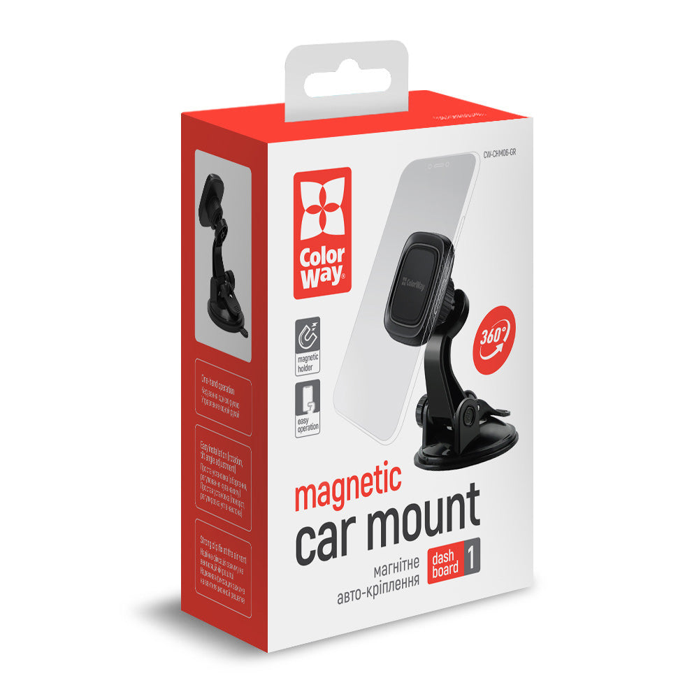 ColorWay - Car Holder (CW-CHM06-GR) - Magnetic, for Dashboard, 360°, Secure Grip, Adhesive Suction Cup, Universal - Blac