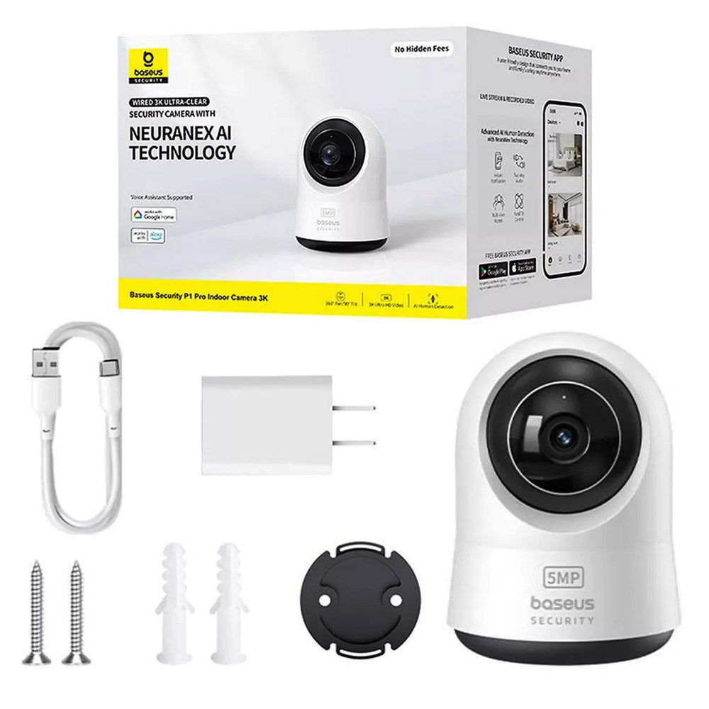 Baseus - Indoor Camera Security P1 Pro (S0TV022132) - 3K, 5MP, Type-C, Two-way Talk, Night Vision, Digital Zoom - White