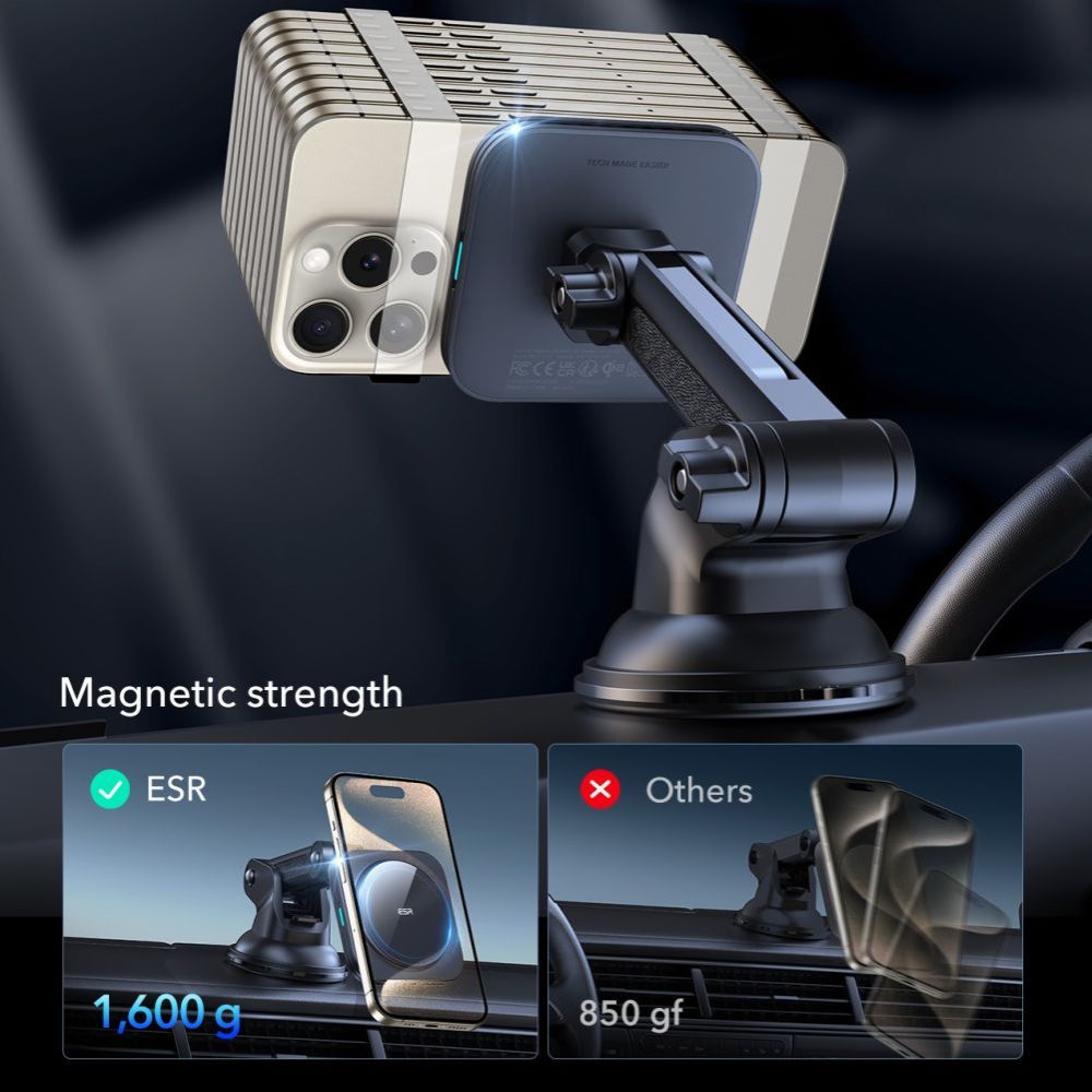 ESR - Car Holder with Wireless Charging Qi2 HaloLock - with CryoBoost, MagSafe Compatible, 15W, for Dashboard - Black