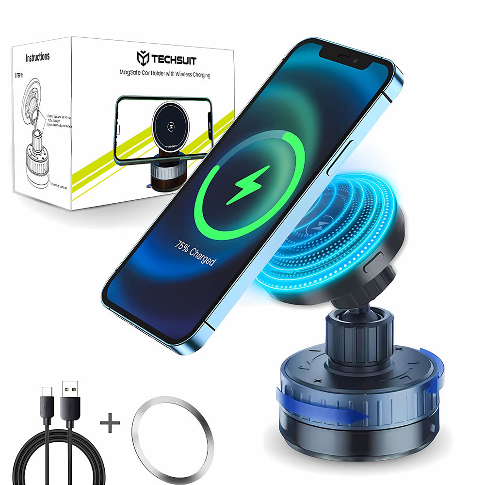 Techsuit - Premium Car Holder with Wireless Charging (HOLD253) - MagSafe N52 Magnets, Powerful Suction Cup, Dashboard - 