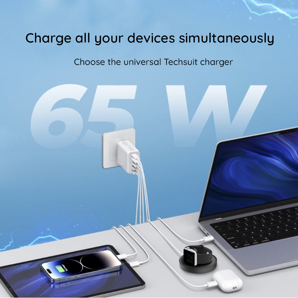 Techsuit - Premium Wall Charger PentaXPower (CHC2) - Type-C Cable Included, 3x USB QC 3.0, 2x Type-C PD 20W, 65W, 1m - B