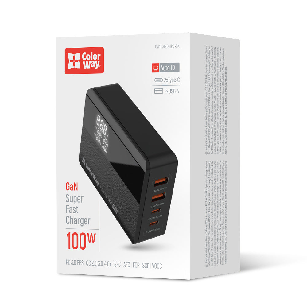 ColorWay - Charger Cable Adapter (CW-CHS041PD-BK) - 2xUSB QC, 2xType-C PD3.0 PPS, Huawei FCP, VOOC, 100W, LED Display - 