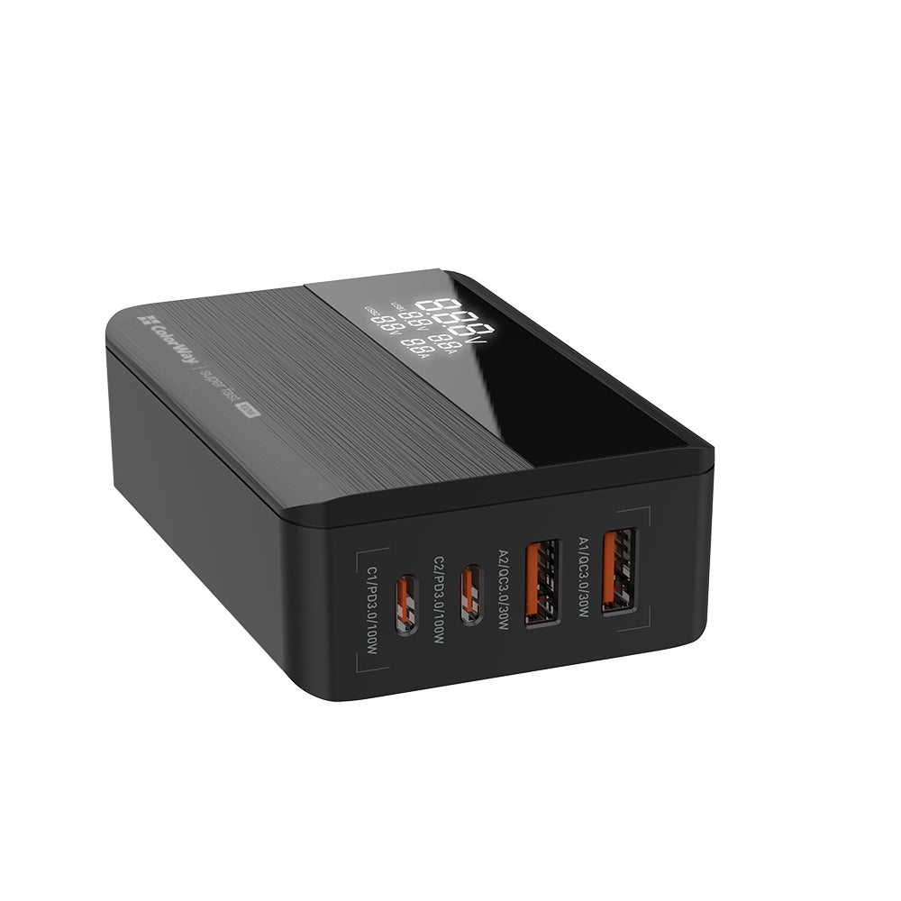 ColorWay - Charger Cable Adapter (CW-CHS041PD-BK) - 2xUSB QC, 2xType-C PD3.0 PPS, Huawei FCP, VOOC, 100W, LED Display - 