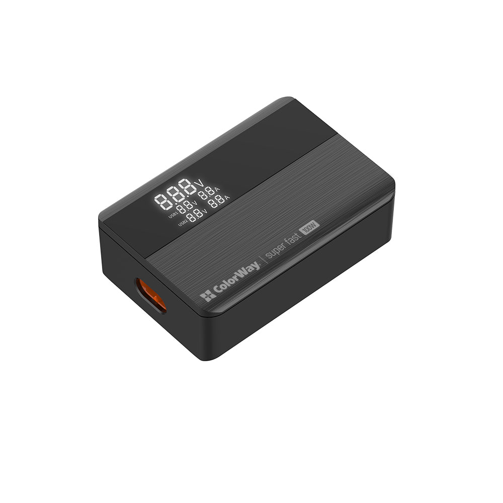 ColorWay - Charger Cable Adapter (CW-CHS041PD-BK) - 2xUSB QC, 2xType-C PD3.0 PPS, Huawei FCP, VOOC, 100W, LED Display - 