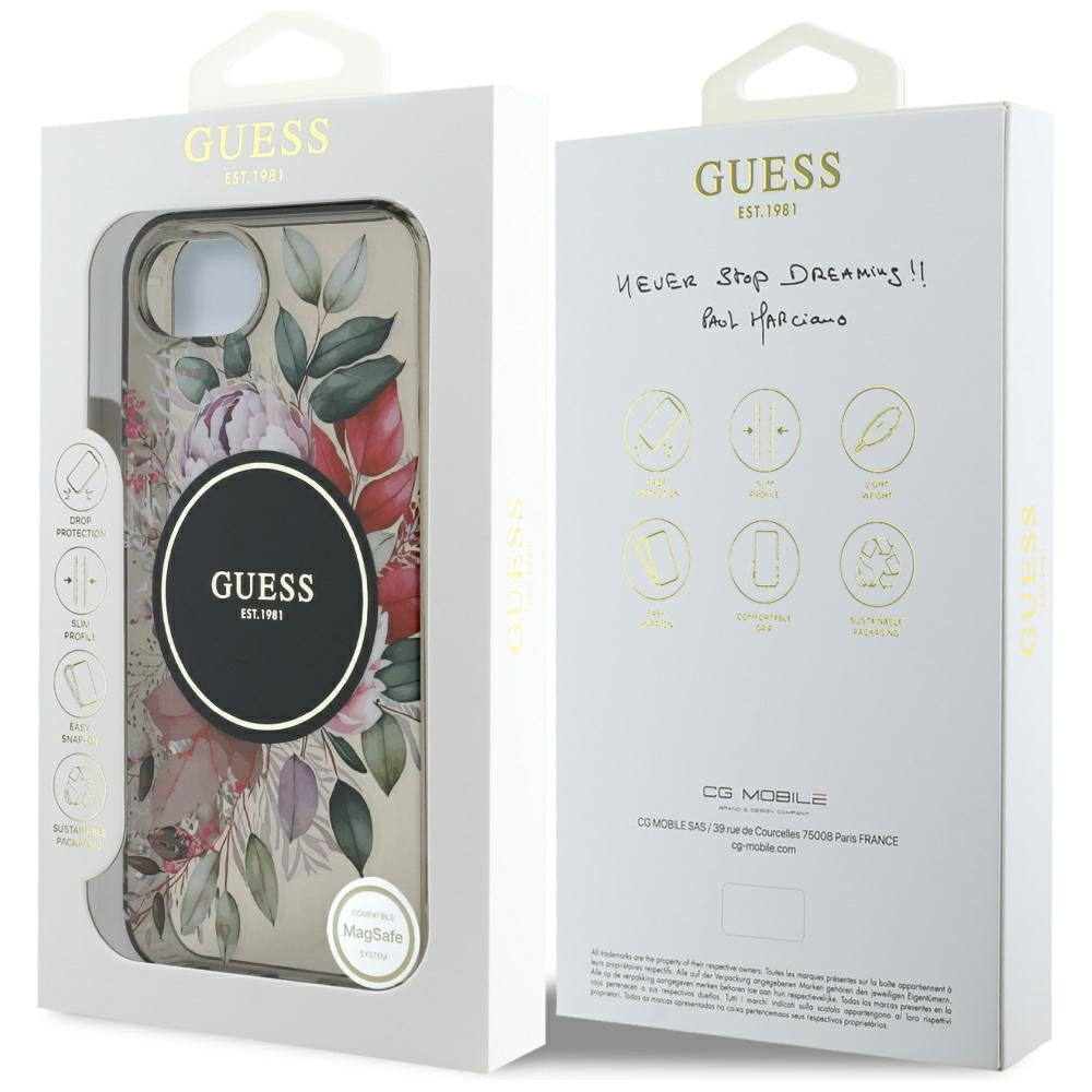Husa pentru iPhone 16e / iPhone 17e - Guess IML Flowers MagSafe (GUHMPSE4HFWBRCEK) - Black