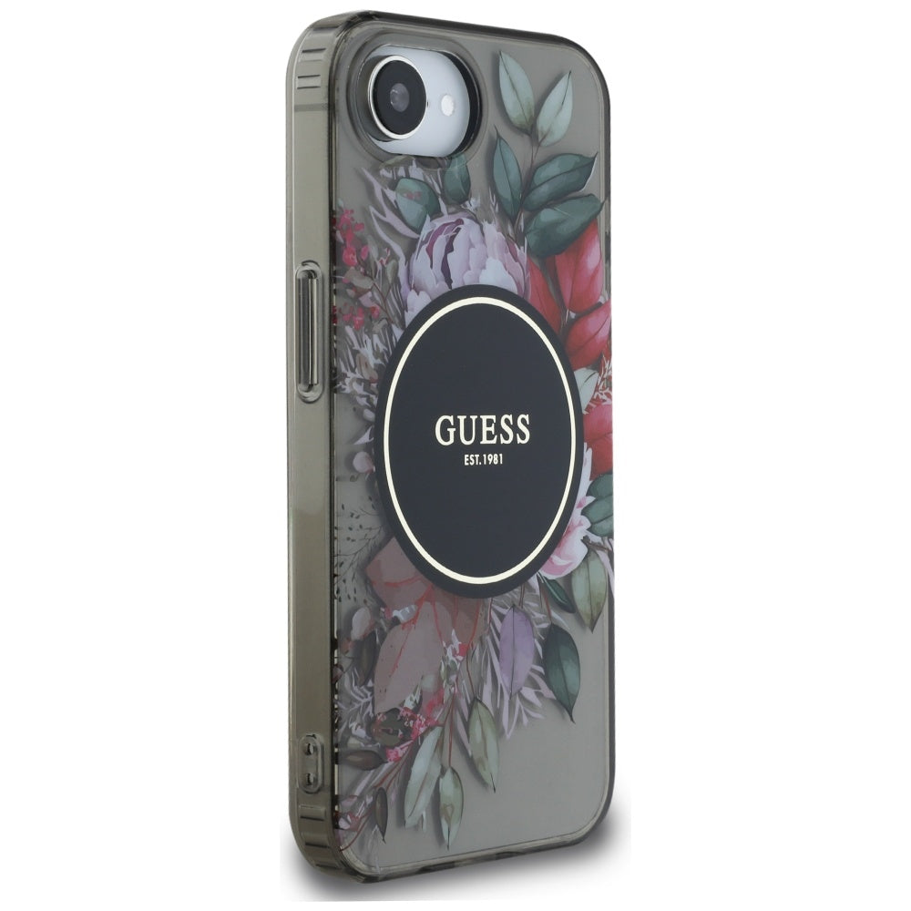 Husa pentru iPhone 16e / iPhone 17e - Guess IML Flowers MagSafe (GUHMPSE4HFWBRCEK) - Black