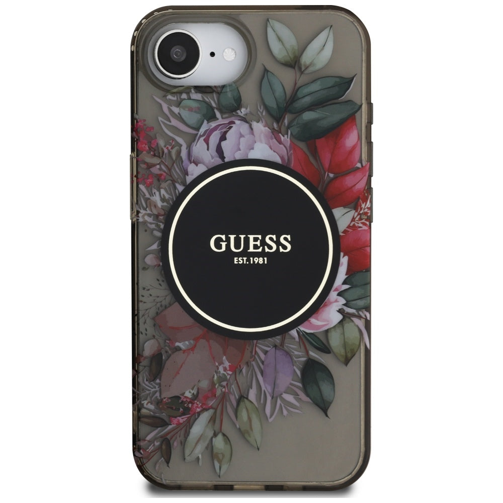 Husa pentru iPhone 16e / iPhone 17e - Guess IML Flowers MagSafe (GUHMPSE4HFWBRCEK) - Black
