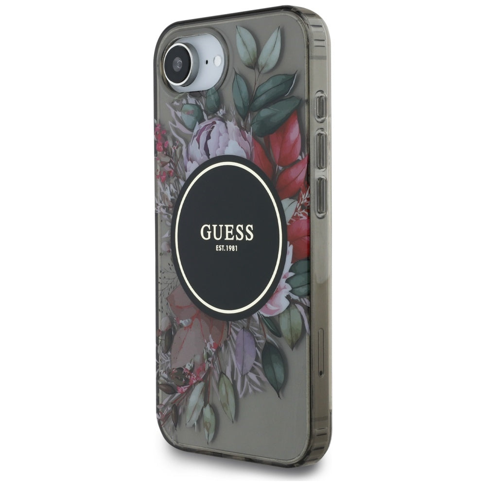Husa pentru iPhone 16e / iPhone 17e - Guess IML Flowers MagSafe (GUHMPSE4HFWBRCEK) - Black