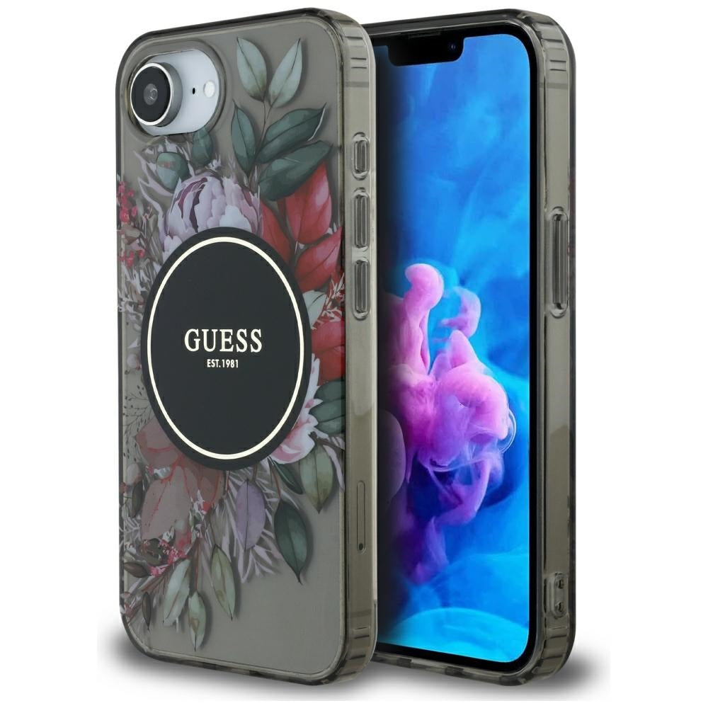 Husa pentru iPhone 16e / iPhone 17e - Guess IML Flowers MagSafe (GUHMPSE4HFWBRCEK) - Black