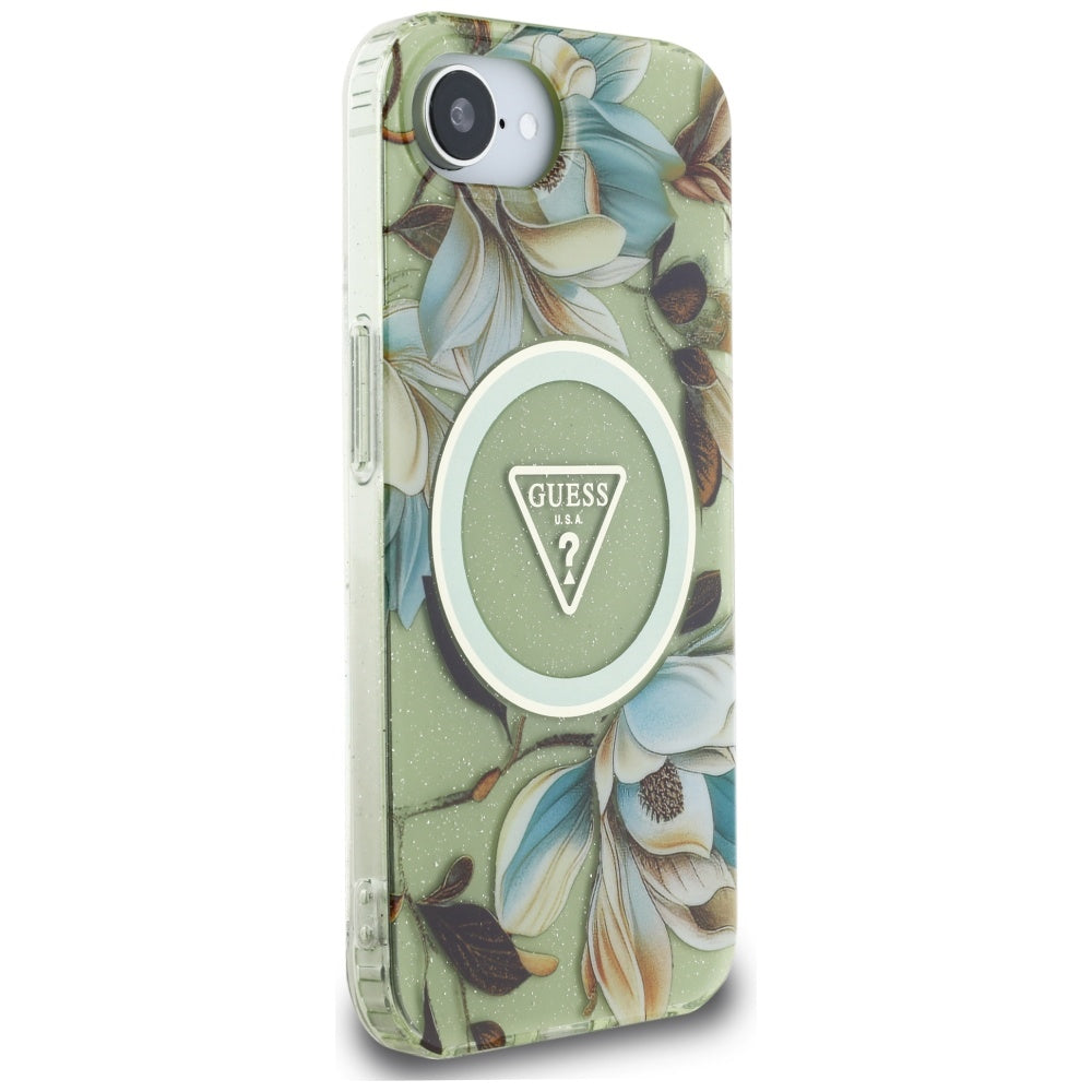 Guess - IML Metal Glitter Flowers Triangle MagSafe (GUHMPSE4HFLPEDN) - iPhone 16e / iPhone 17e - Green