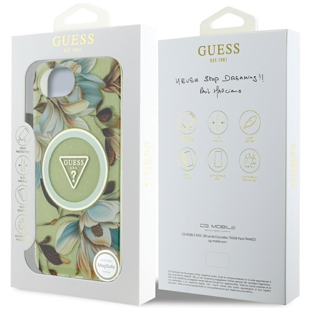 Guess - IML Metal Glitter Flowers Triangle MagSafe (GUHMPSE4HFLPEDN) - iPhone 16e / iPhone 17e - Green