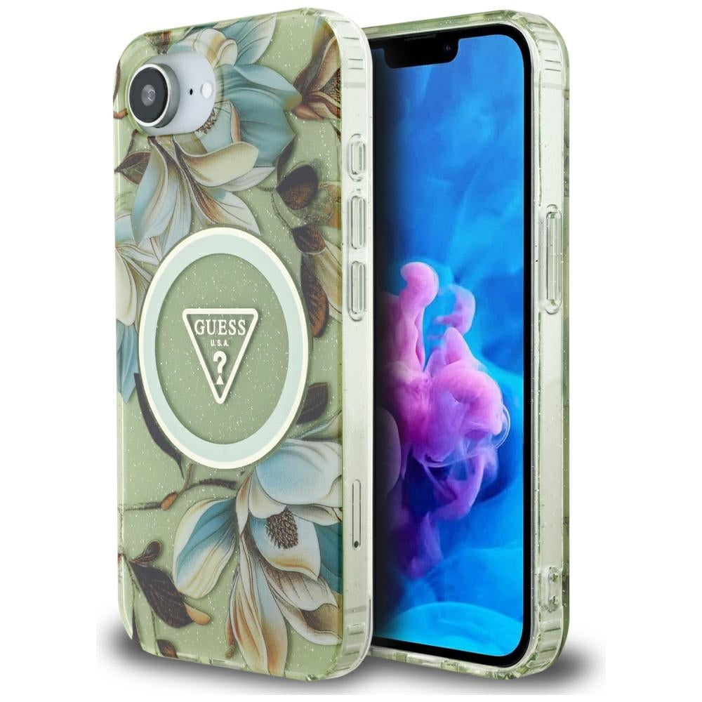 Guess - IML Metal Glitter Flowers Triangle MagSafe (GUHMPSE4HFLPEDN) - iPhone 16e / iPhone 17e - Green