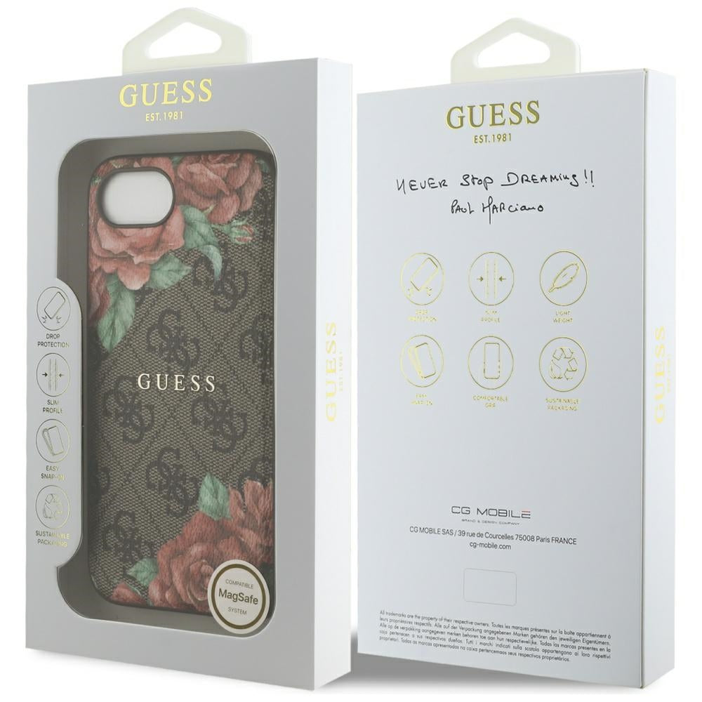 Husa pentru iPhone 16e / iPhone 17e - Guess Hardcase 4G Flower Print MagSafe (GUHMPSE4P4ROPEMCW) - Brown