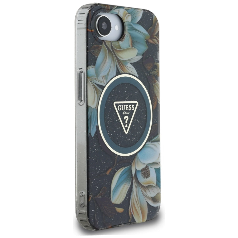 Guess - IML Metal Glitter Flowers Triangle MagSafe (GUHMPSE4HFLPEDK) - iPhone 16e / iPhone 17e - Black